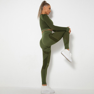 OEM Hollow Out Sexy Seamless Sport Fitness Yoga Wear Gym Outfit Activewear Mesh Long Sleeve Yoga Pant Leggings Mujeres Conjunto de 2 piezas - Product Image 3