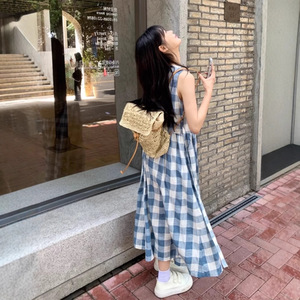 Retro Japanese Style Plaid Sleeveless A-Line Dress For Women Summer Beach Vacation Casual Wear Natural Waist Spaghetti Strap - Product Image 4