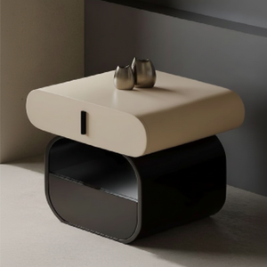 Table de chevet empilée avec tiroir supérieur beige et base noire cubby/tiroir, esthétique moderne unique disponible au prix de gros - Product Image 1