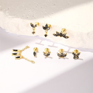 Boucles d'oreilles de piercing pour cartilage en argent sterling S925 1.2x6mm, avec quartz rutile noir, motifs marquise, couronne, feuille, papillon et géométriques - Product Image 1