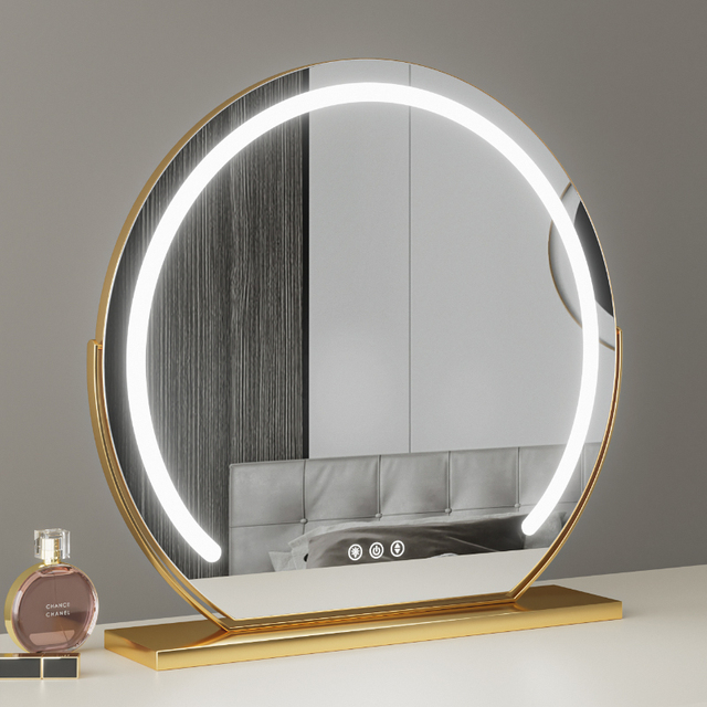 Wholesale Round LED Cosmetic Mirror with Smart Touch Dimming Supplementary Light Framed Makeup Mirror for Vanity Bedroom Table