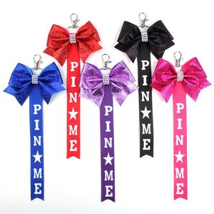 Custom Cheerleader Bow Keychain PIN ME Ribbon Pendant Cheer <b>Bag</b> Charm <b>Spirit</b> Favor Pom Gift Graduation Accessories Wholesale - Product Image 1
