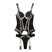 Yicheng Lingerie Féminine Premium Sexy, Ensemble 2 Pièces Exclusif avec Corset Sculptant et Nœud Papillon, Style Érotique Cougar, à Empiècements de Couleurs Contrastées