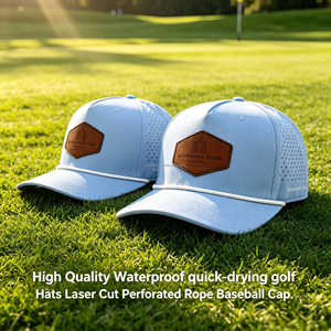 Casquettes de baseball sportives perforées à 5 panneaux en cuir avec logo découpé au laser, imperméables, personnalisées, pour le golf, avec cordon - Product Image 1
