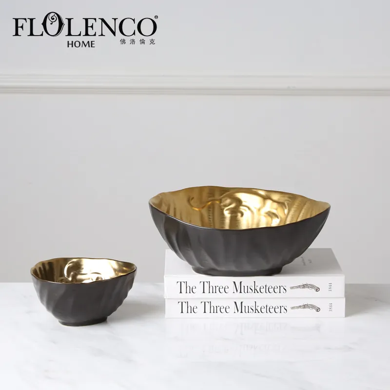 Oval golden painted inside lacquer bowls gold salad ceramic decorative fruit bowl
