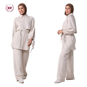 Conjunto Musulmán de Dos Piezas 2026, Camisa con Mangas Farol y Pantalones con Cinturón, Ropa Islámica Modesta para Eid y Ramadán, Baju Kurung Moderno, Malasia, Dubái - Product Image 1