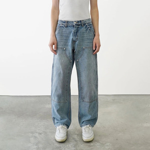 <span class=keywords><strong>Pantaloni</strong></span> Jeans da <span class=keywords><strong>Uomo</strong></span> Personalizzati a Vita Alta <span class=keywords><strong>Blu</strong></span> Effetto Invecchiato Autunnali Taglio Dritto in Cotone Lavato Sbiaditi dal Sole Oversize con Doppio Ginocchio Vintage - Product Image 3