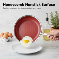 Ensemble de 3 poêles en acier inoxydable à 3 couches avec revêtement céramique antiadhésif rouge sans PTFE/PFAS, pour tous types de cuisinières, résistantes au four