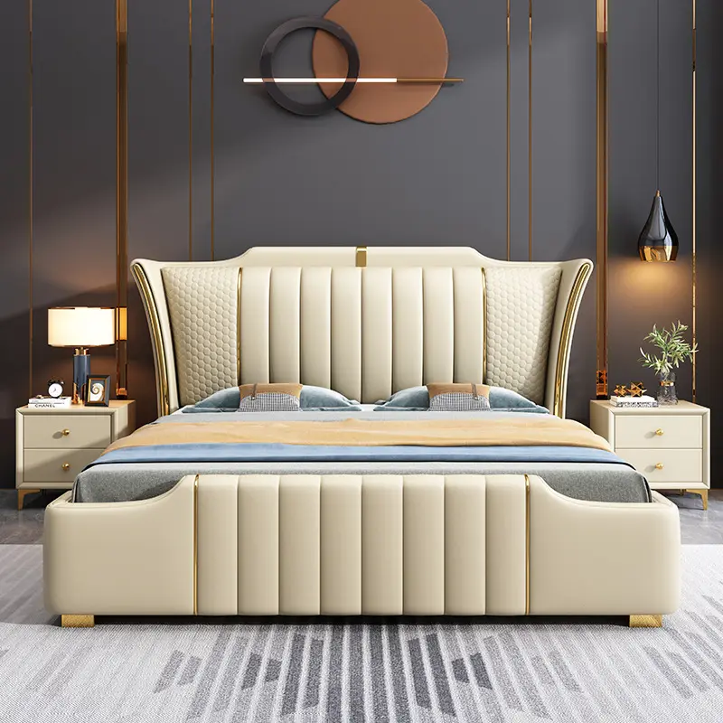Neueste moderne einfache Luxus Leder Bett garnituren Möbel Schlafzimmer Massivholz rahmen Doppel Kingsize-Bett
