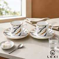 Ensemble tasse et soucoupe en porcelaine veinée marbre, bordure noire et or, pour expresso et café, vente en gros, maison, bureau, cuisine, café, bar, table, cadeau, décoration