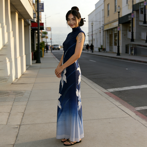 Elegante Vestido Maxi de Malla Elástica para Mujer, Estampado Floral con Bloques de Color Ombre, Casual, Cuello Alto, Sin Mangas, Transparente, en Capas, Natural - Product Image 3