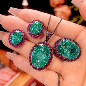 Fashion Eco-friendly Copper Black Gold Plated Big 15*20mm Paraiba Green Zircon 3 Piece Wedding <b>Ring</b> Garnet Jewelry <b>Set</b> for <b>Women</b> - Product Image 3