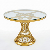 Mesa redonda de lujo con pedestal dorado tejido, tapa de cristal para hotel, banquete, boda, evento, restaurante