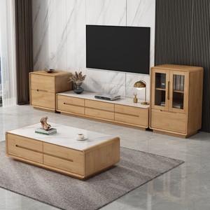Solid Wood Floor Standing Tv Cabinet And Coffee Table Set Minimalist Living Room Furniture <b>Walnut</b> Color - Product Image 3