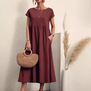 Robe longue ou mi-longue 2026, couleur unie, manches courtes, ample, en coton et lin, décontractée, avec poche - Product Image 3