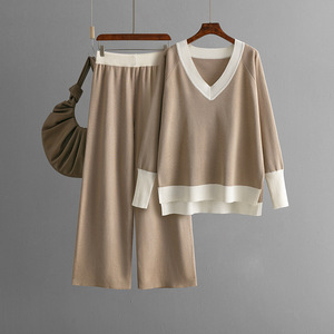 Completo da donna in maglia due pezzi 2026, maglione scollo a V color block e pantaloni a gamba larga, abbigliamento casual morbido e comodo - Product Image 6