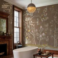 Papier peint mural personnalisé SUNGPU, motif floral, branches d'arbre, fleurs, oiseaux, revêtement mural, décoration murale pour hôtel, villa, papier peint