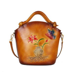 Ando Bag Genuine Cowhide Leather Bucket Bag for Women Vintage Floral <b>Butterfly</b> <b>Top</b> Handle Purse - Product Image 5