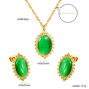 Oval Cat's Eye Stone Jewelry <b>Set</b> Women's Gold Plated <b>Beaded</b> Trim Necklace Earrings Everyday Wear Fine Jewelry - Product Image 5