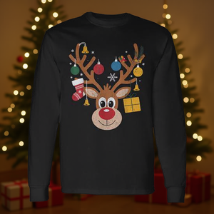 Maglietta natalizia a maniche lunghe con faccia di renna, girocollo unisex per adulti, stampa digitale, design natalizio - Product Image 3