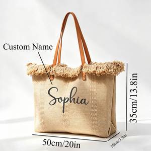 Sac fourre-tout personnalisé pour demoiselle d'honneur avec broderie de nom sur mesure, sac de plage en toile bohème à franges avec garniture en cuir végétalien - Product Image 6