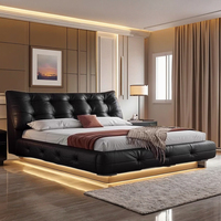 Lit double minimaliste italien en cuir de vachette noir, haut de gamme, avec tête de lit de luxe léger pour chambre principale