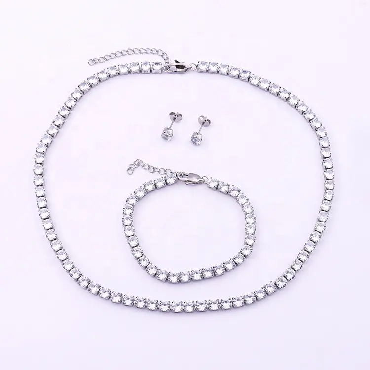 Full Diamond Necklace Earring Bracelet Three-piece White Color Rhinestone Zircon Claw Chain Jewelry Set