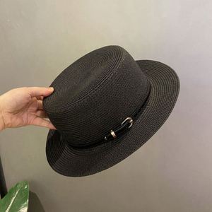 Flat Top Straw Brim Women's Wide Brimmed Panama Youth Street <b>Hats</b> Vacation Belt <b>Hat</b> Gift <b>for</b> Christmas Party - Product Image 3