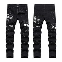 Jeans pour hommes noirs OEM ODM, imprimé lettres graffiti, denim déchiré, effet vieilli, streetwear, coupe slim