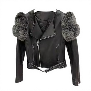 Hot Sale High Quality Solid Plain Dyed Winter Fox <b>Fur</b> Trimmed Zipper Vintage Leather Jacket for Women New Fashion - Product Image 2
