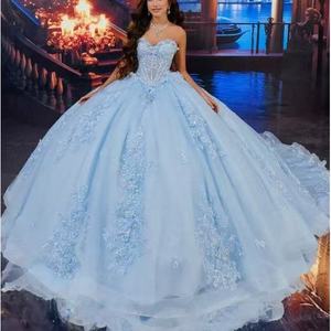 Off The Shoulder Light Blue Tulle Ball Gown Empire Waist Floral Print Evening Dress For Performance Art Exam - Product Image 1
