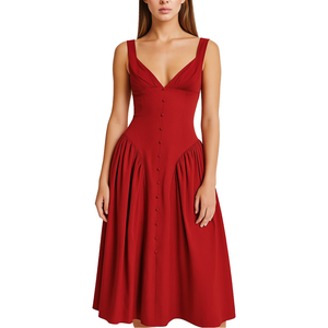 ชุดเดรสลำลองสีแดงทรงเอไลน์ ความยาวปานกลาง คอวี จับจีบ แฟชั่นทันสมัย เหมาะสำหรับใส่ทำงานในฤดูร้อน - Product Image 4