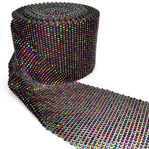 Ruban en résille en tissu élastique, 1 pièce, pierre cristal multicolore ss6, maille strass, base en plastique noir, ruban pour décor de mariage