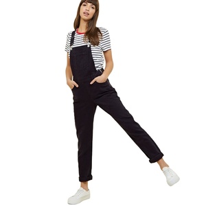 Elastic Cotton High Waist Breathable Vintage Print Straight Leg <strong>Black</strong> Denim <strong>Dungarees</strong> Rompers Loose Jean Overalls for <strong>Women</strong> - Product Image 1
