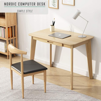 Bureau d'ordinateur minimaliste nordique, plateau en MDF, pieds en bois massif avec tiroir compact intégré, poste de travail à domicile
