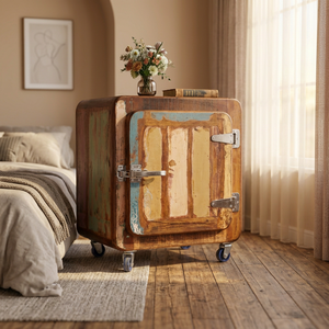 Vintage Fridge Shape Storage Bedside <b>Table</b> on <b>Wheels</b> <b>with</b> Antique Door Multipurposes For Living Room Hotels Indian Furnitures - Product Image 2