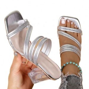 Chaussures de mariage sexy pour femme, collection Hiver-Été 2026, à talon compensé épais, bout ouvert, transparentes, à enfiler, avec détails en cristal - Product Image 5