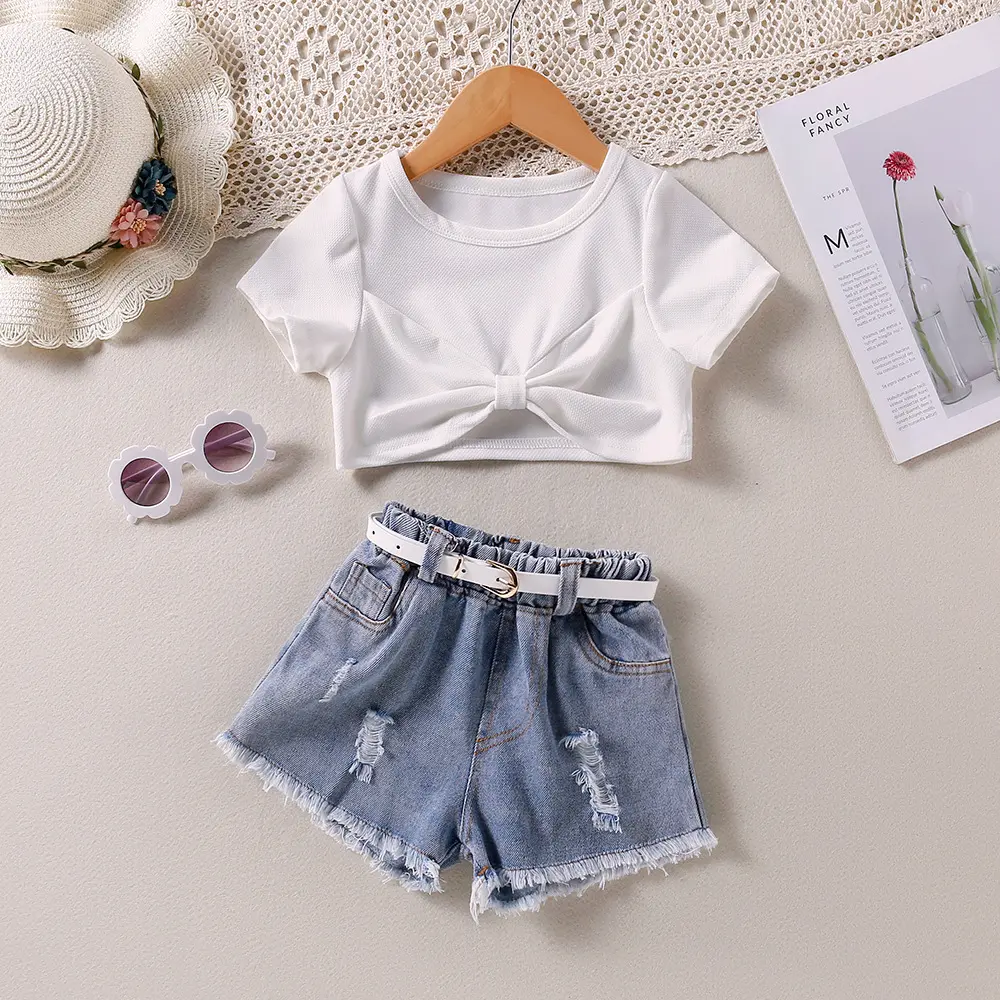 425 2022女の赤ちゃんの服セット夏の幼児ファッションフリル半袖Tシャツデニムショーツキッズ服