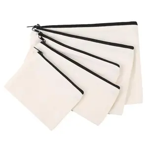 Op Maat Bedrukt Logo Rits Draagbare Top Katoenen Canvas Tas Diy Blanco Make-Up Zakje Cosmetische Potlood Verpakking Modieuze Brief