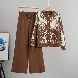 Women's Fall/Winter Printed Metal Buckle Knit <b>Cardigan</b> <b>Sweater</b> Wide-Leg Pants Casual 2-Piece Set Fashion - Product Image 3