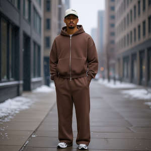 Ensemble de survêtement décontracté pour homme Reklo Industries, marron, coupe oversize, en molleton épais, avec sweat à capuche zippé et pantalon de survêtement à jambes larges, idéal pour l'hiver et le streetwear - Product Image 2