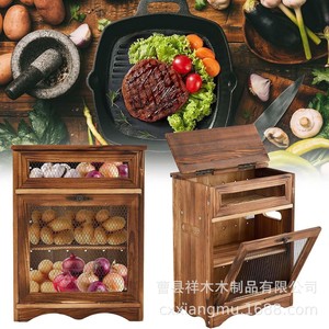Wooden Potato And Onion Storage Box Square Kitchen Countertop <b>Vegetable</b> Container With Mesh Door <b>Standing</b> Type - Product Image 2