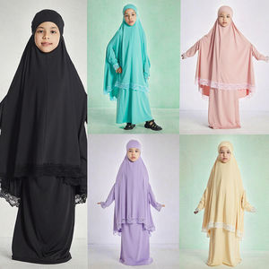 Traditional Muslim Prayer Dress Kids 2-Piece Khimar for <b>Abaya</b> Set Handmade Polyester Lightweight High Quality Modest Lace - Product Image 3