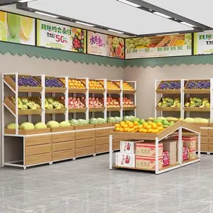 नई डिजाइन बुटीक सब्जी दुकान रैक फल शेल्फ लकड़ी के प्रदर्शन रैक किराने की दुकान
