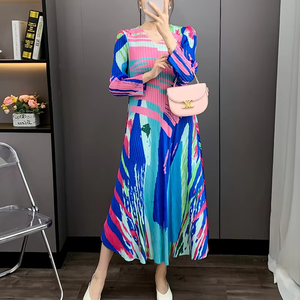 Colección Primavera 2025 de Miyake, Vestido Midi Casual con Cuello Estampado de Alta Gama, Plisado, Elegante, Talla Grande, con Decoración Fruncida para Mujer - Product Image 3