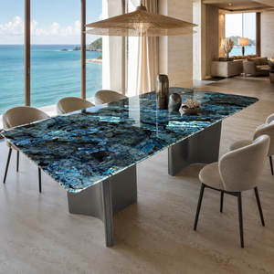 Customized Dining <b>Table</b> Rechtangle <b>Top</b> Modern Villa 8~10 Seater Metal Legs <b>Stone</b> Furniture Luxury Lemurian Blue - Product Image 4