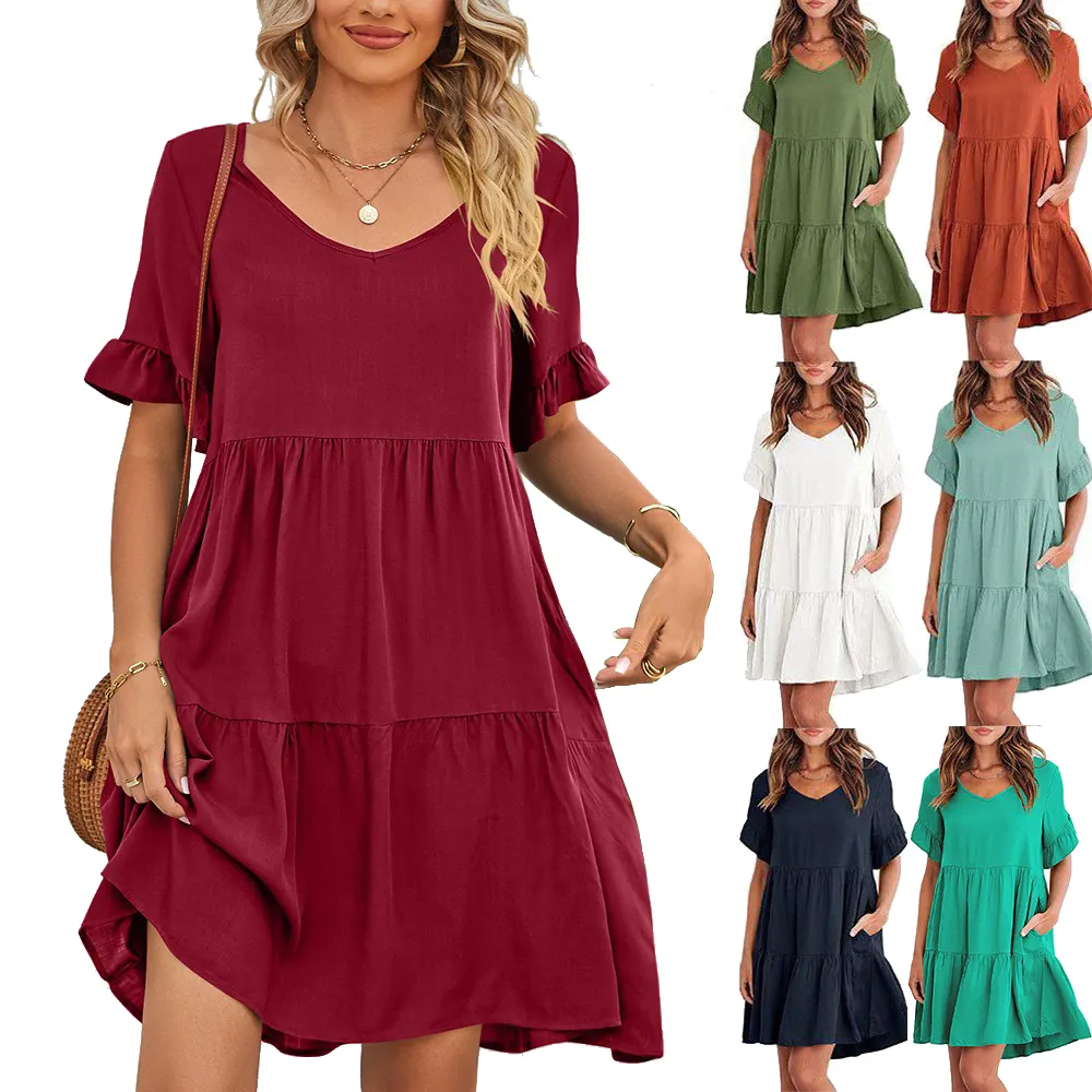Novas Mulheres Confortável e Elegante Primavera/Verão Lazer V-neck Doll Dress com Três Camadas Vestido Doce Plissado