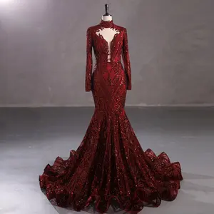 Suppliers Burgundy Halter Long Sleeve Mermaid Tail Prom Party Gown Woman Bodycon Slim Hip Formal Sequin Navy Blue Evening Dress