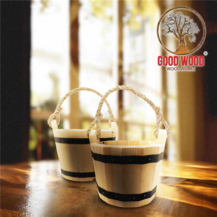 Wooden Bucket 8 X 10 Water Wishing Well Pail with Rope Twine Handle ...