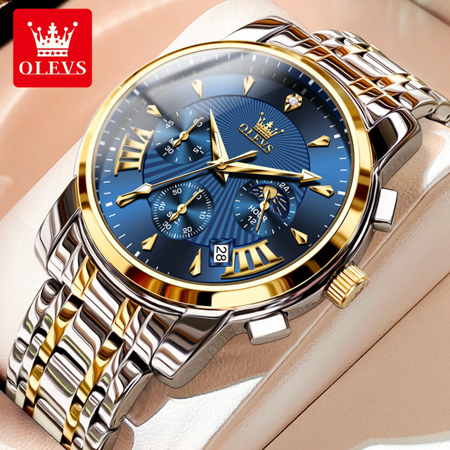 OLEVS Men's Wristwatches Waterproof Luminous Chronograph Moon Watch Fashion Stainless Steel Quartz Original Watch for Men 2892